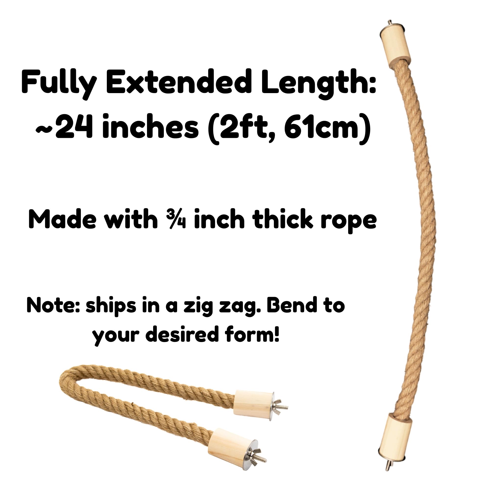 Rope Perch for Parrots, Bendable Natural Jute with Pine Wood and Stainless Steel Mount, Cotton Alternative Boing for Birds, Cage Accessory for Cockatiels, Doves, and Finches, Bendable Climbing Toy