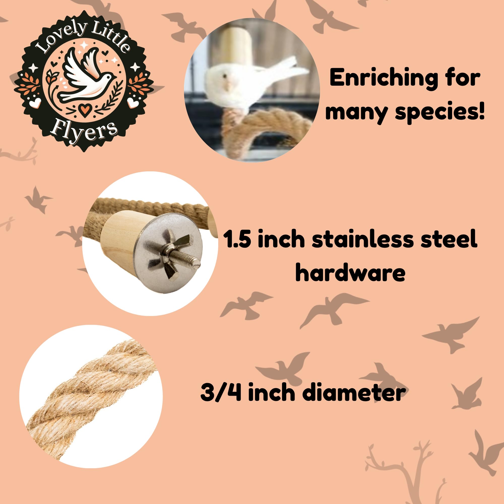 Rope Perch for Parrots, Bendable Natural Jute with Pine Wood and Stainless Steel Mount, Cotton Alternative Boing for Birds, Cage Accessory for Cockatiels, Doves, and Finches, Bendable Climbing Toy